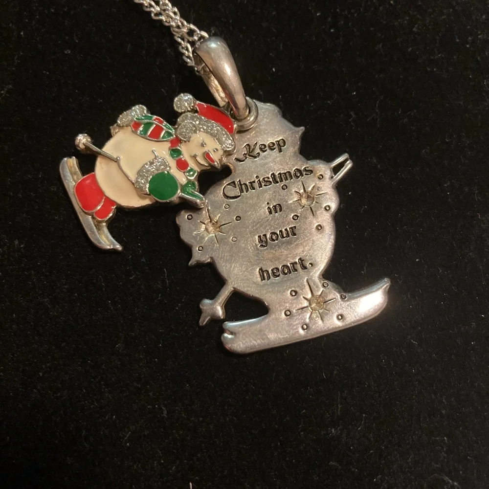 SNOWMAN PENDANT WITH SILVER TONE CHAIN NECKLACE AND SNOWMAN PIN - BOTH UNSIGNED
